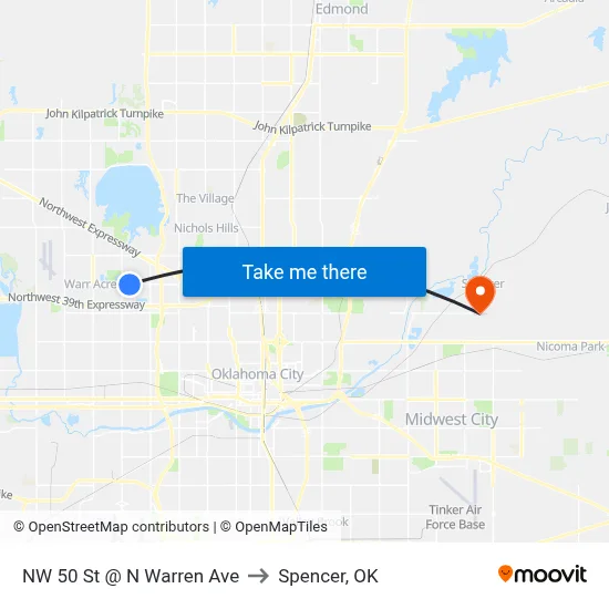 NW 50 St @ N Warren Ave to Spencer, OK map