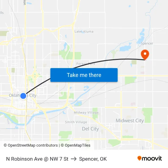 N Robinson Ave @ NW 7 St to Spencer, OK map