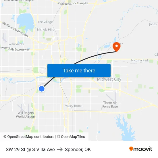 SW 29 St @ S Villa Ave to Spencer, OK map