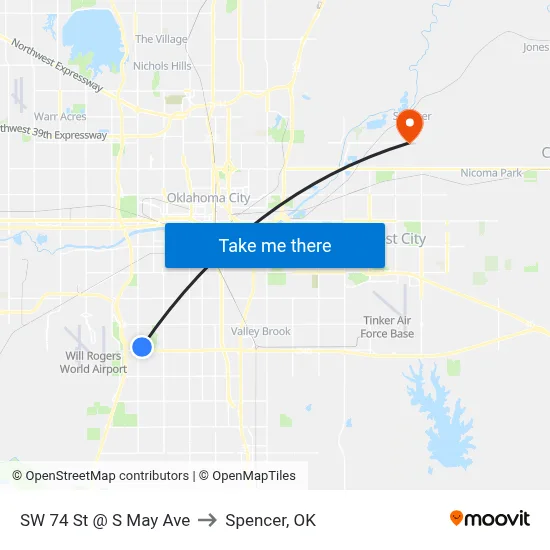 SW 74 St @ S May Ave to Spencer, OK map