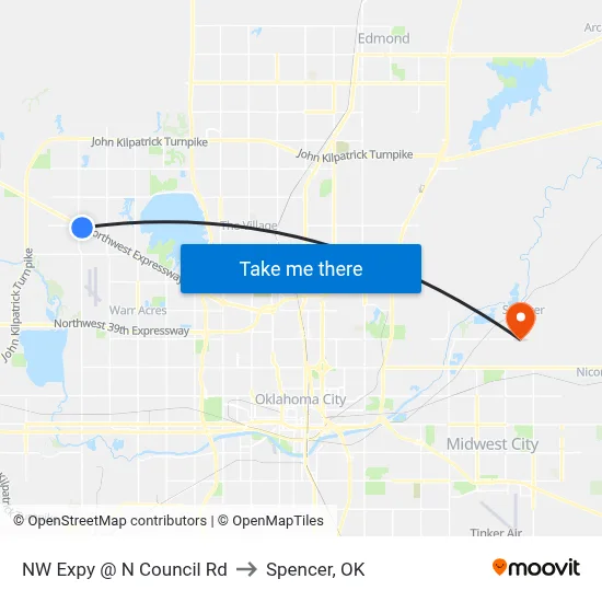 NW Expy @ N Council Rd to Spencer, OK map