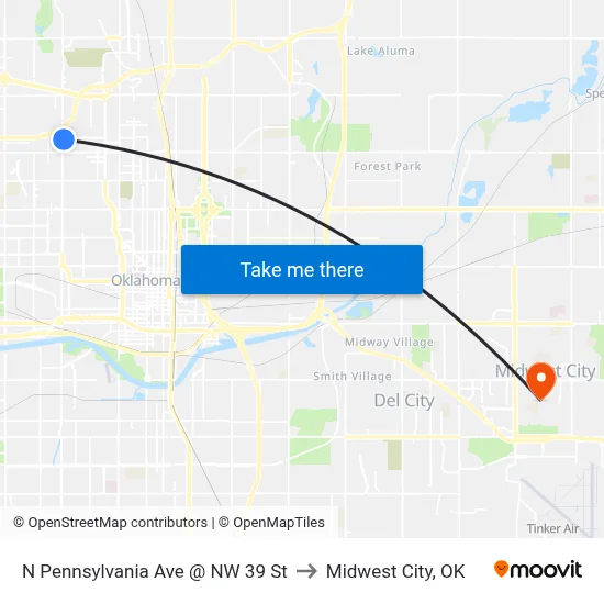 N Pennsylvania Ave @ NW 39 St to Midwest City, OK map