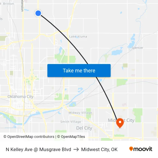N Kelley Ave @ Musgrave Blvd to Midwest City, OK map