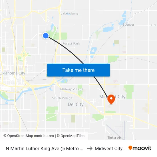 N Martin Luther King Ave @ Metro Tech Dr to Midwest City, OK map