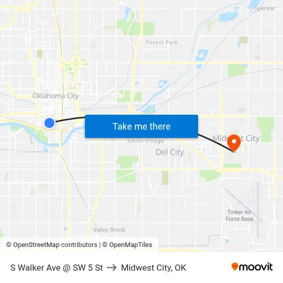S Walker Ave @ SW 5 St to Midwest City, OK map