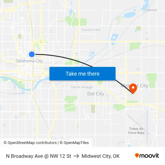 N Broadway Ave @ NW 12 St to Midwest City, OK map