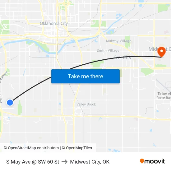 S May Ave @ SW 60 St to Midwest City, OK map