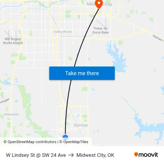 W Lindsey St @ SW 24 Ave to Midwest City, OK map