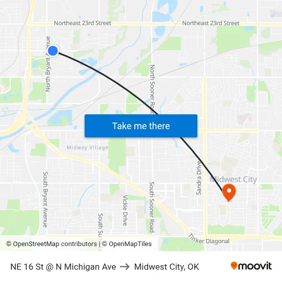 NE 16 St @ N Michigan Ave to Midwest City, OK map