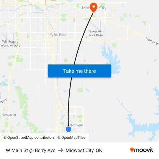 W Main St @ Berry Ave to Midwest City, OK map