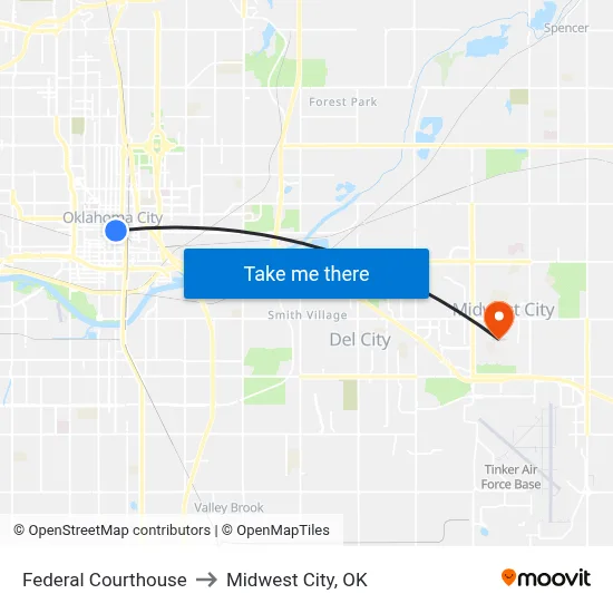 Federal Courthouse to Midwest City, OK map