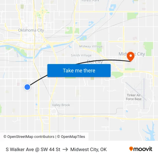 S Walker Ave @ SW 44 St to Midwest City, OK map