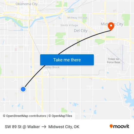 SW 89 St @ Walker to Midwest City, OK map