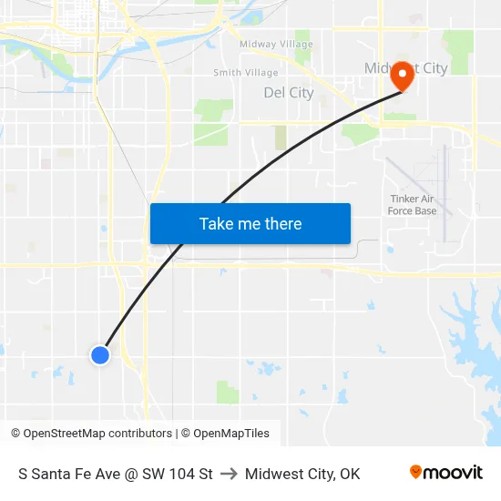 S Santa Fe Ave @ SW 104 St to Midwest City, OK map
