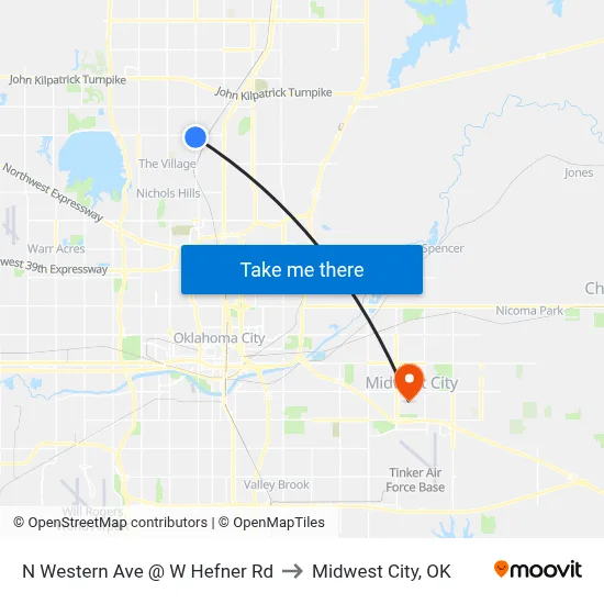 N Western Ave @ W Hefner Rd to Midwest City, OK map