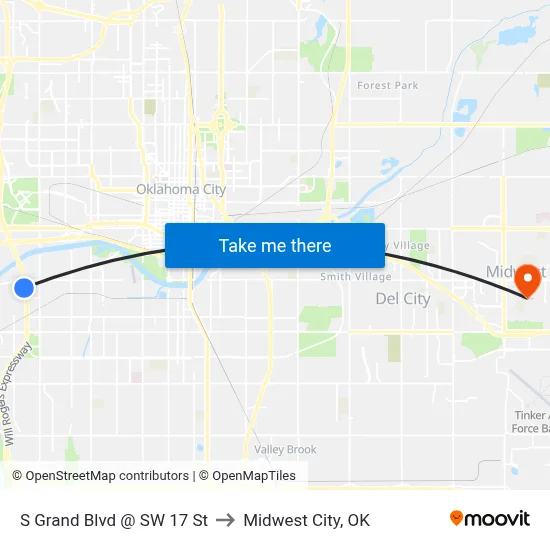 S Grand Blvd @ SW 17 St to Midwest City, OK map