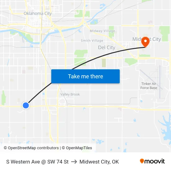 S Western Ave @ SW 74 St to Midwest City, OK map
