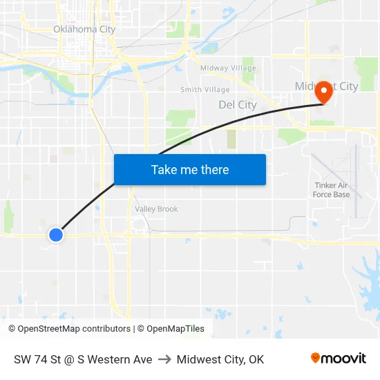 SW 74 St @ S Western Ave to Midwest City, OK map
