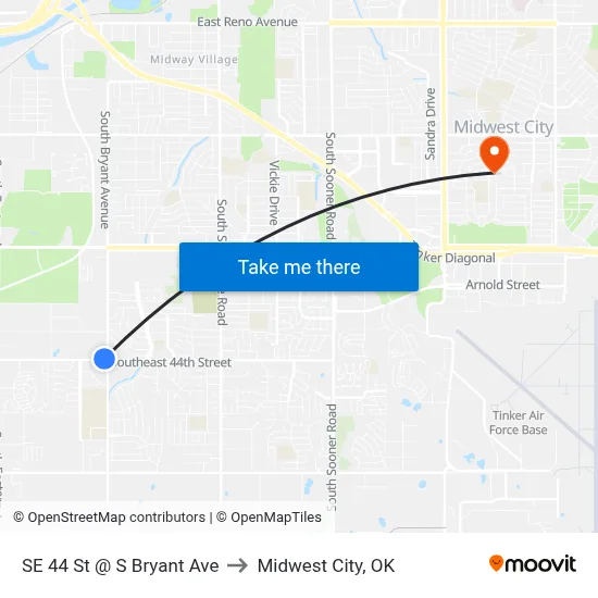 SE 44 St @ S Bryant Ave to Midwest City, OK map