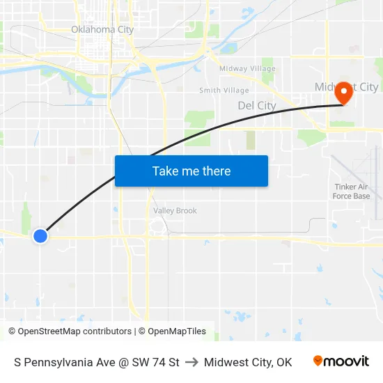S Pennsylvania Ave @ SW 74 St to Midwest City, OK map