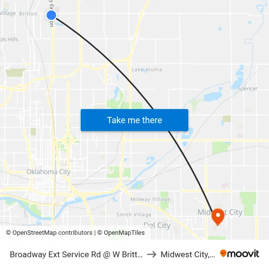 Broadway Ext Service Rd @ W Britton Rd to Midwest City, OK map