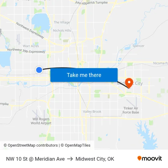 NW 10 St @ Meridian Ave to Midwest City, OK map