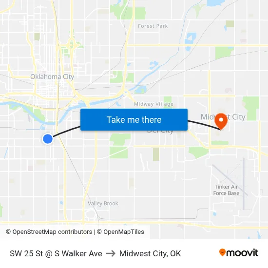 SW 25 St @ S Walker Ave to Midwest City, OK map