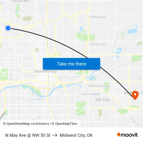 N May Ave @ NW 50 St to Midwest City, OK map