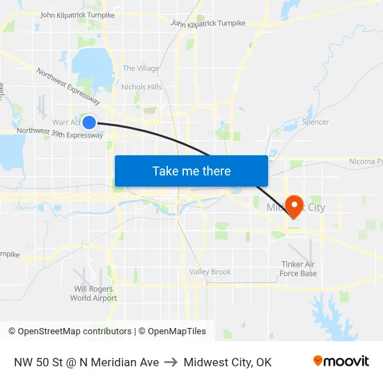 NW 50 St @ N Meridian Ave to Midwest City, OK map