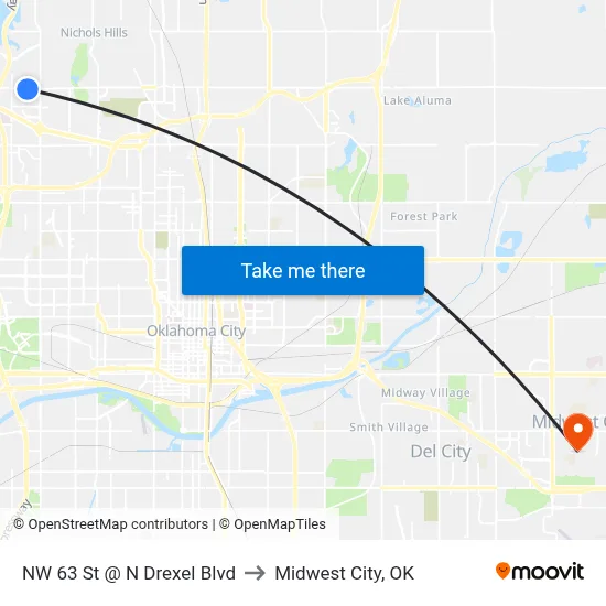 NW 63 St @ N Drexel Blvd to Midwest City, OK map