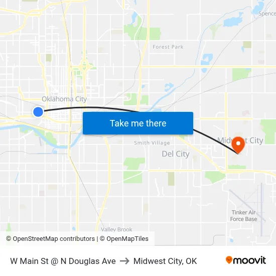 W Main St @ N Douglas Ave to Midwest City, OK map