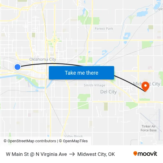 W Main St @ N Virginia Ave to Midwest City, OK map