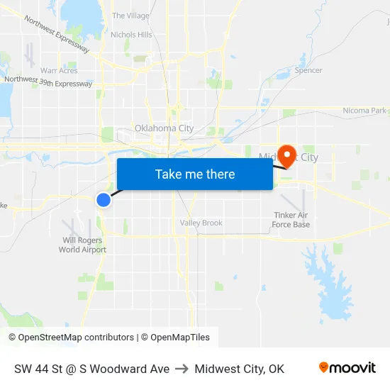 SW 44 St @ S Woodward Ave to Midwest City, OK map