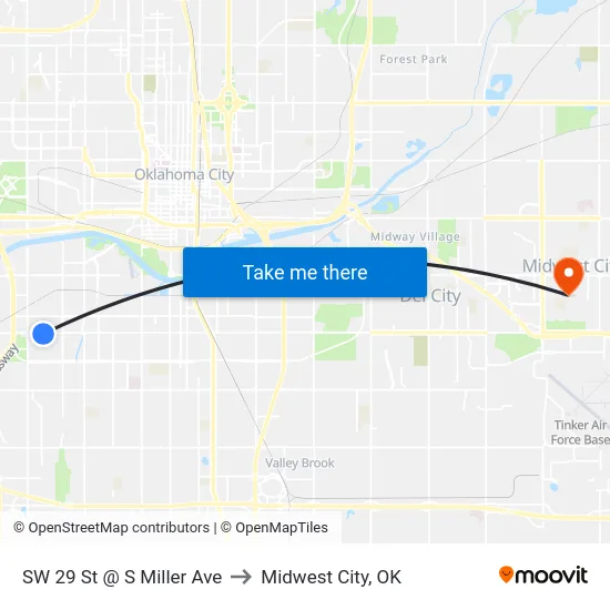 SW 29 St @ S Miller Ave to Midwest City, OK map