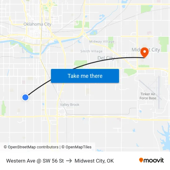 Western Ave @ SW 56 St to Midwest City, OK map