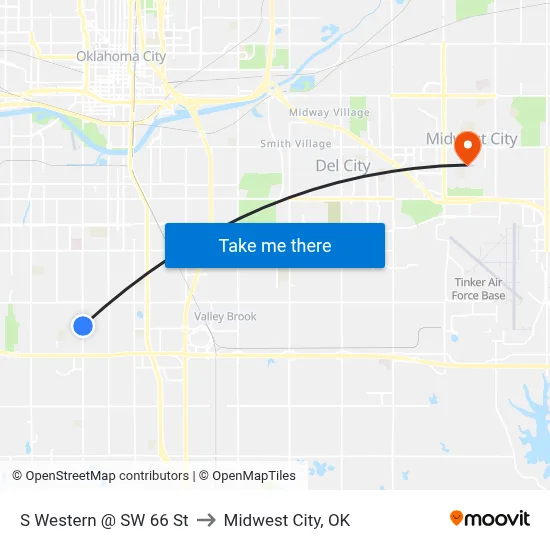 S Western @ SW 66 St to Midwest City, OK map