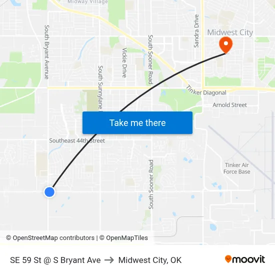 SE 59 St @ S Bryant Ave to Midwest City, OK map