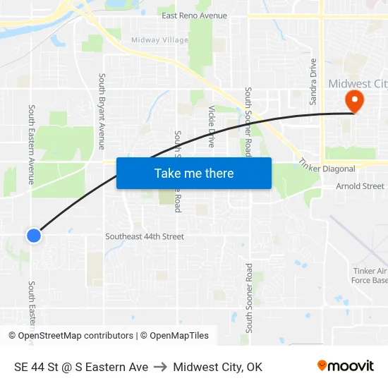 SE 44 St @ S Eastern Ave to Midwest City, OK map