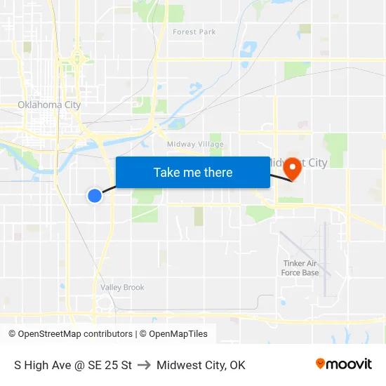 S High Ave @ SE 25 St to Midwest City, OK map