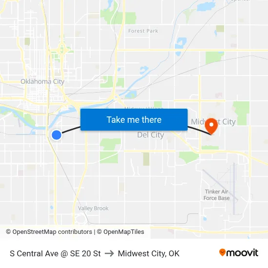 S Central Ave @ SE 20 St to Midwest City, OK map