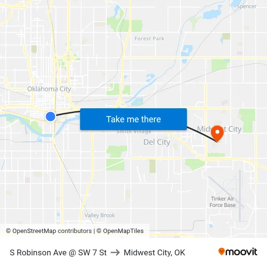 S Robinson Ave @ SW 7 St to Midwest City, OK map