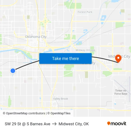 SW 29 St @ S Barnes Ave to Midwest City, OK map