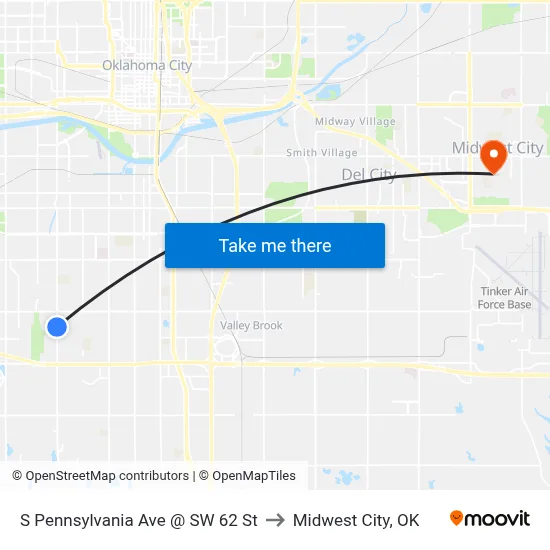 S Pennsylvania Ave @ SW 62 St to Midwest City, OK map