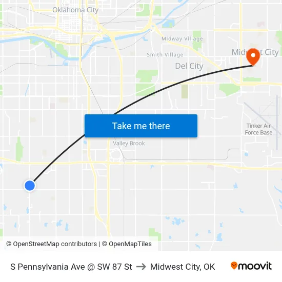 S Pennsylvania Ave @ SW 87 St to Midwest City, OK map