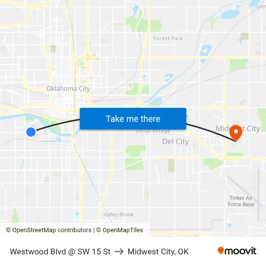 Westwood Blvd @ SW 15 St to Midwest City, OK map