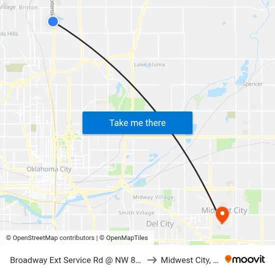Broadway Ext Service Rd @ NW 85 St to Midwest City, OK map