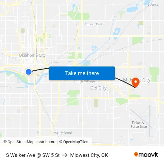 S Walker Ave @ SW 5 St to Midwest City, OK map