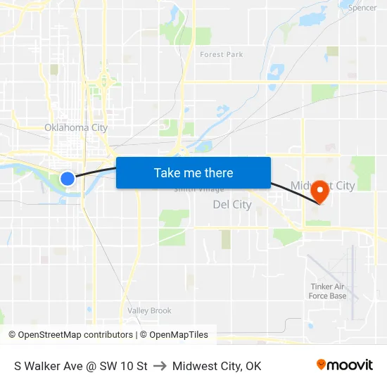 S Walker Ave @ SW 10 St to Midwest City, OK map