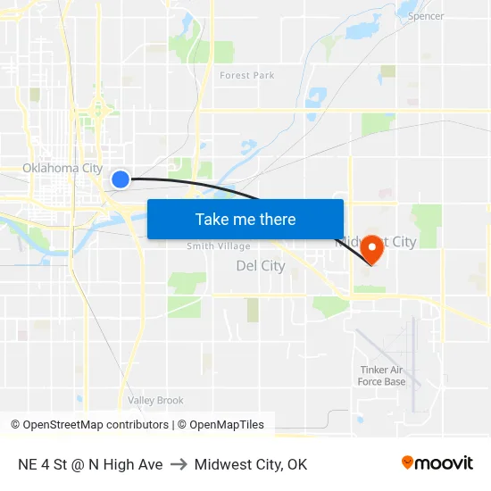 NE 4 St @ N High Ave to Midwest City, OK map
