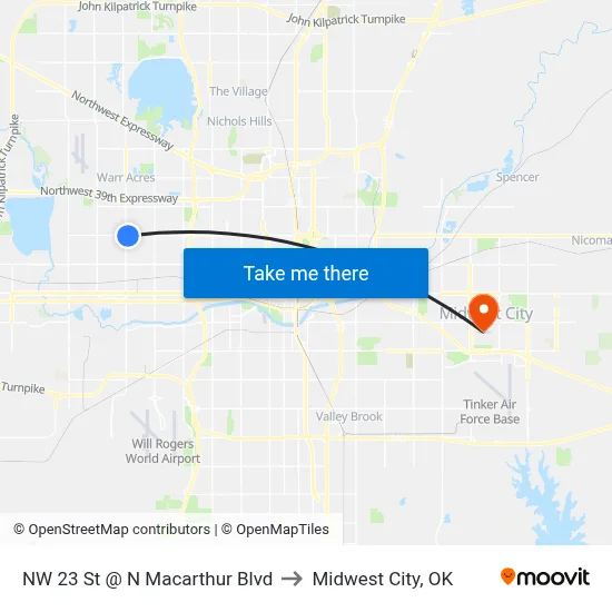 NW 23 St @ N Macarthur Blvd to Midwest City, OK map